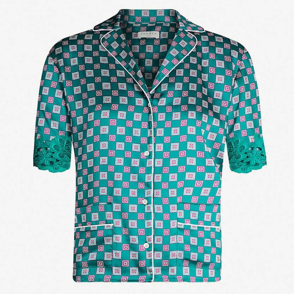 Sandro green tile-print satin-twill shirt with sleeve detail